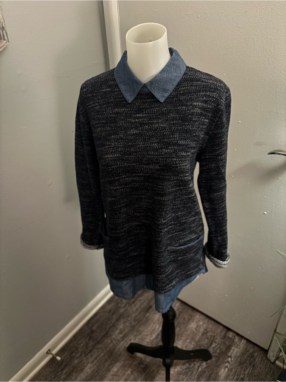Ann Taylor Charcoal Marled Sweater with Blue Chambray Collar - Picture 8 of 13